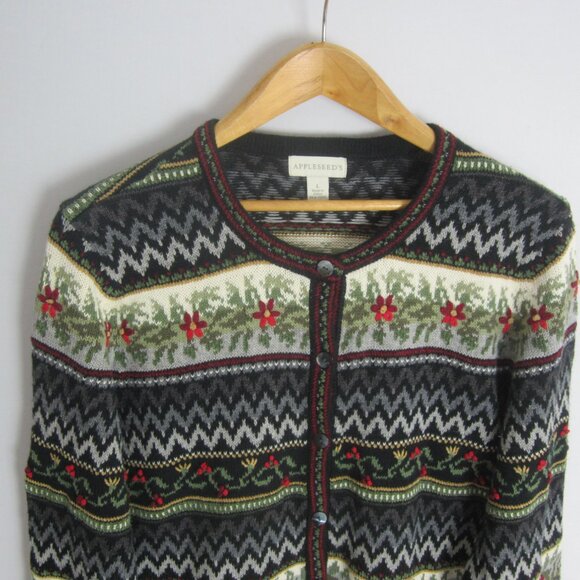 Appleseeds Womens Large Black Ivory Red Embroidered Floral Ramie Silk Cardigan - Picture 8 of 13